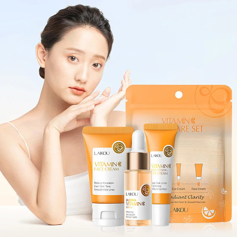 LAIKOU Coffret Soin Vitamine C 3 pièces – Crème Visage, Sérum, Crème Yeux Hydratant Anti-Rides