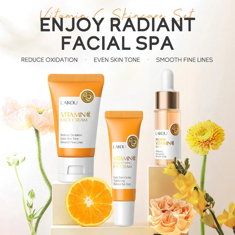 LAIKOU Coffret Soin Vitamine C 3 pièces – Crème Visage, Sérum, Crème Yeux Hydratant Anti-Rides