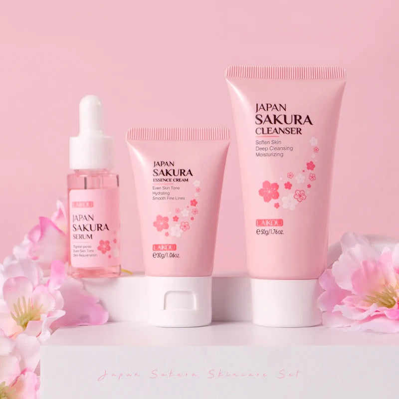 LAIKOU Coffret Soin Sakura du Japon – Kit Hydratant Anti-Âge, Lissant Anti-Rides, Éclat du Visage